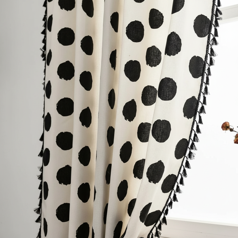 Chic Polka Dot Tassel Curtain | Linen Texture, Monochrome