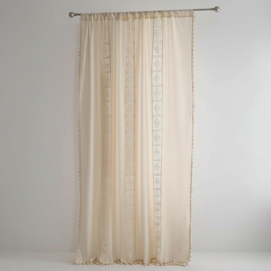 Boho linen crochet tassel curtain panel