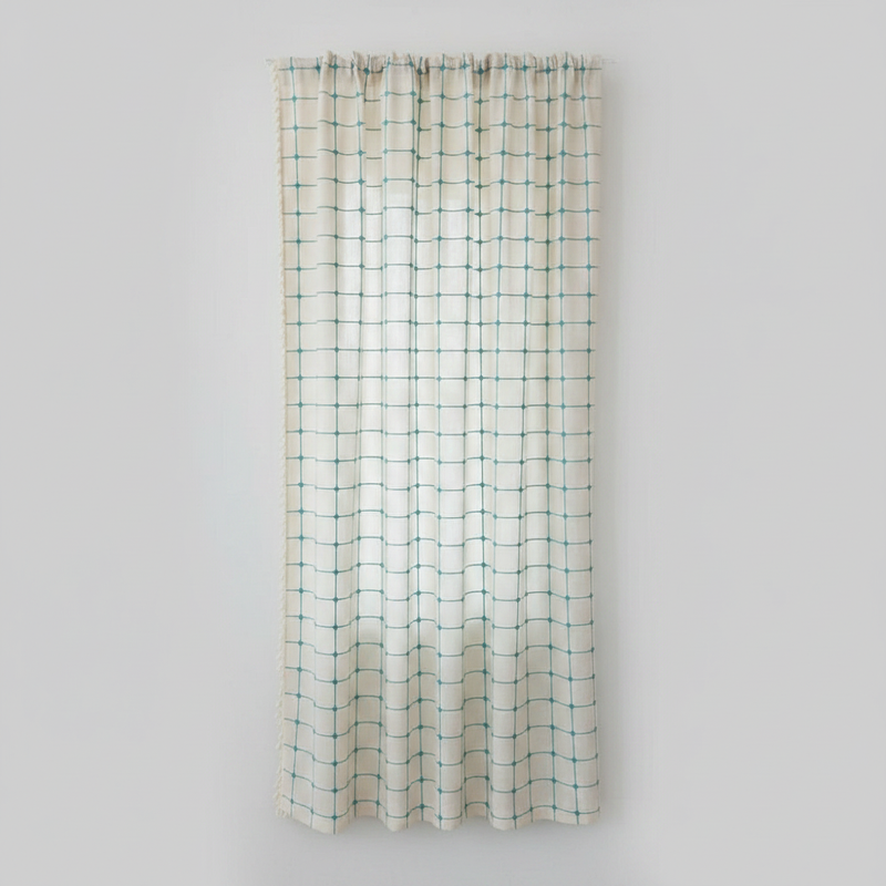 Turquoise Lattice Boho Tassel Curtain | Embroidered Plaid, Semi-Blackout