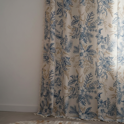 Farmhouse Botanical Blue Floral curtain panel hung