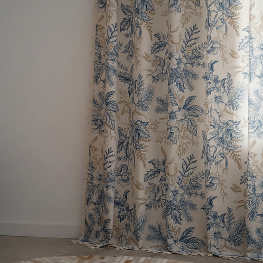 Farmhouse Botanical Blue Floral curtain panel hung