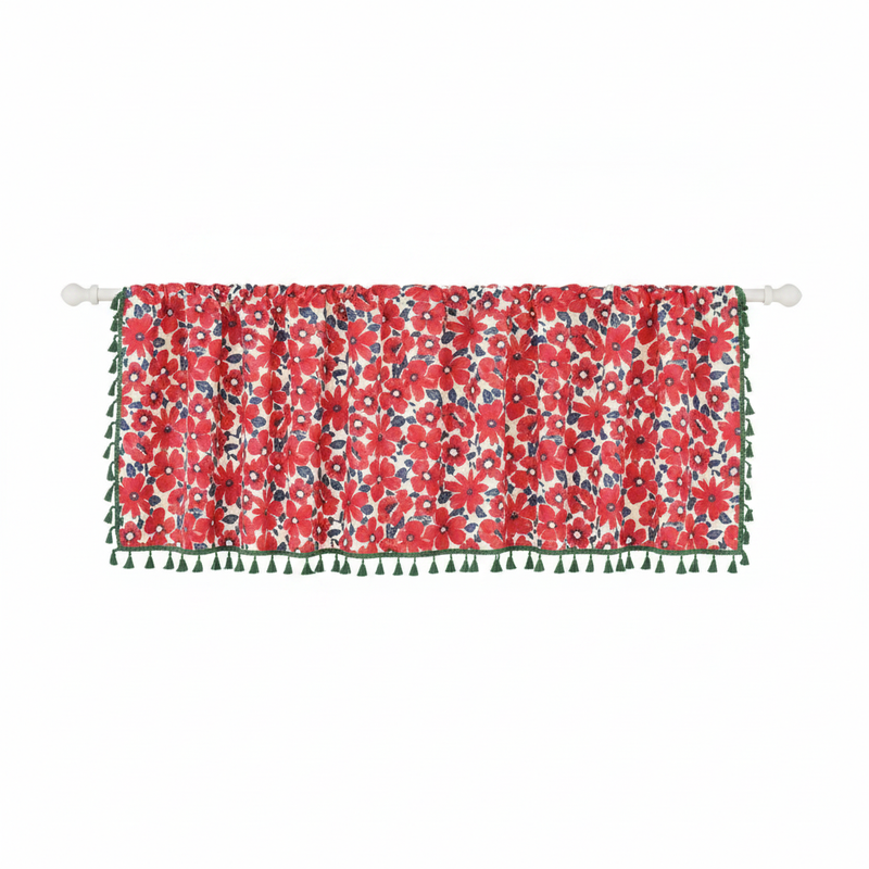 Graceful Red Floral Cabinet tier curtain panel hung