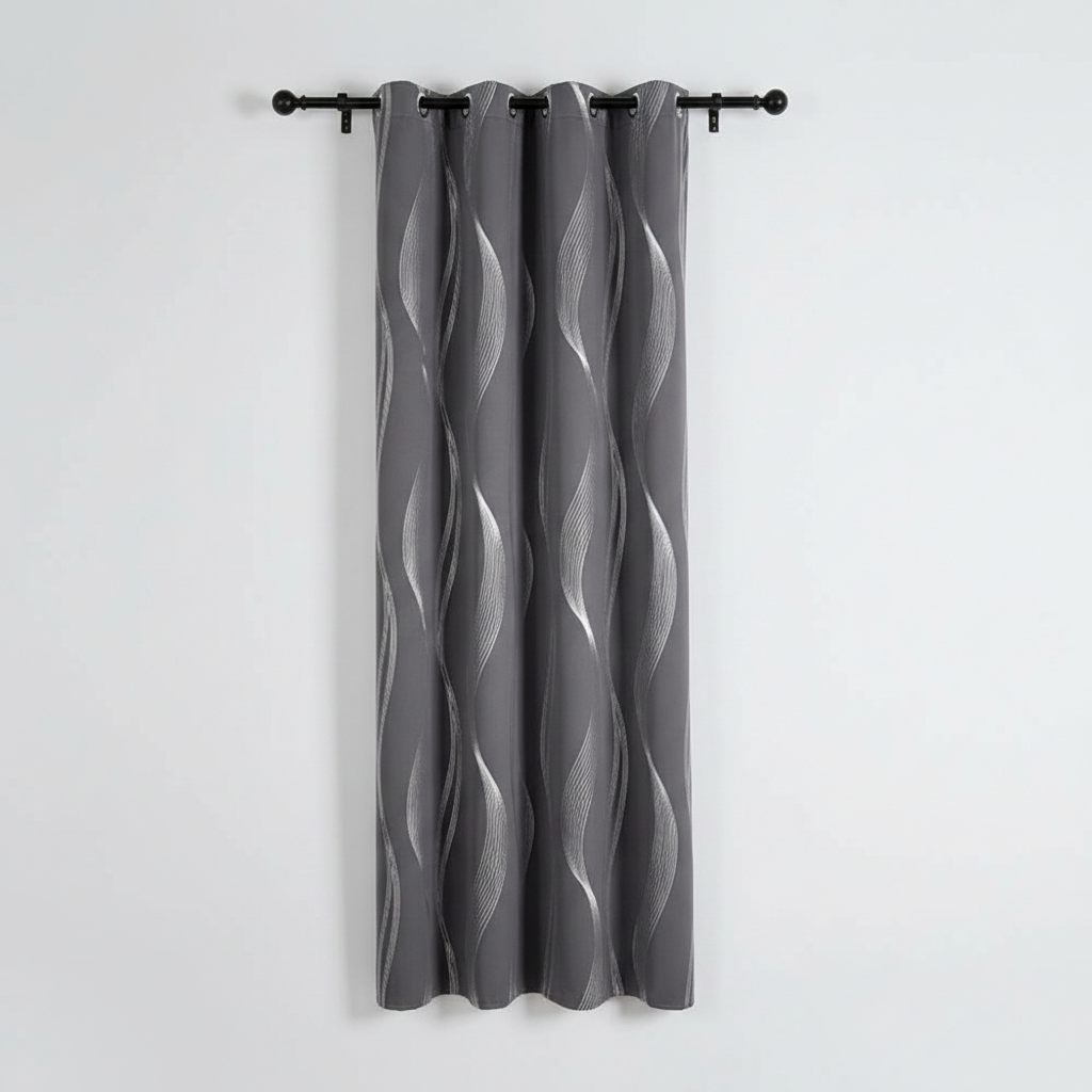 Slate Wave blackout grommet curtain panel hung, full wave pattern visible