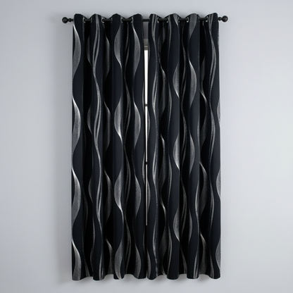Midnight Wave blackout grommet curtain panel hung, full wave pattern visible