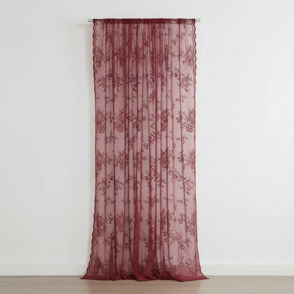 Rose Glow floral lace sheer curtain panel hung, full lace pattern visible