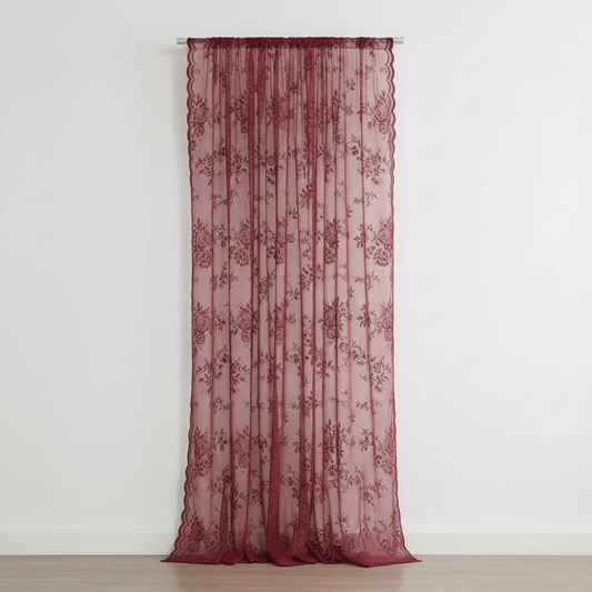 Rose Glow floral lace sheer curtain panel hung, full lace pattern visible