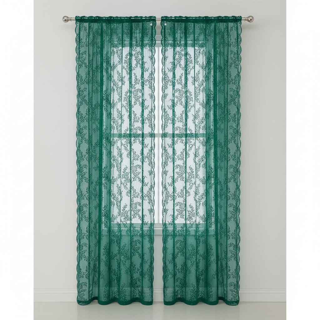 Emerald Glow floral lace sheer curtain panel hung, full lace pattern visible