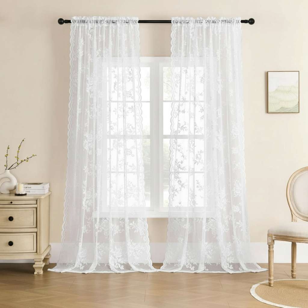 Snow Glow floral lace sheer curtain panel hung, full lace pattern visible