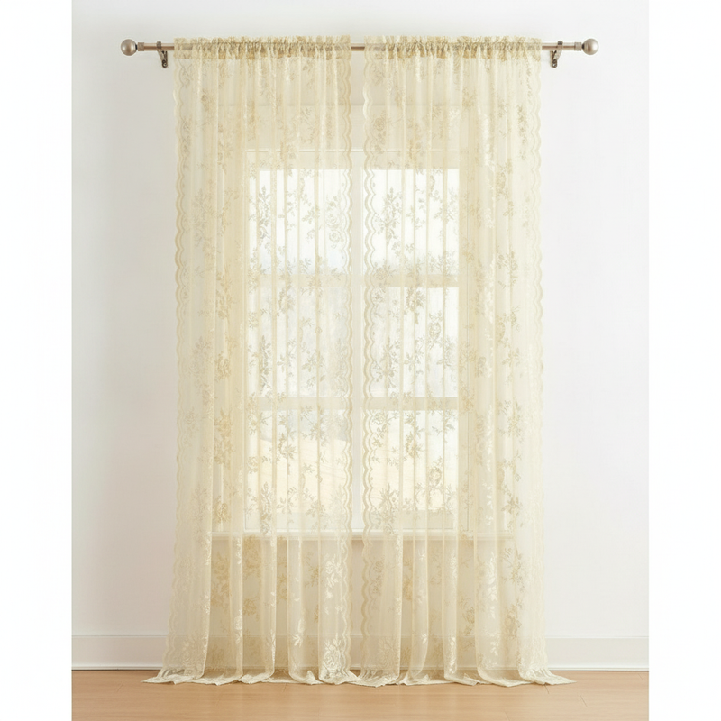 Golden Glow floral lace sheer curtain panel hung, full lace pattern visible