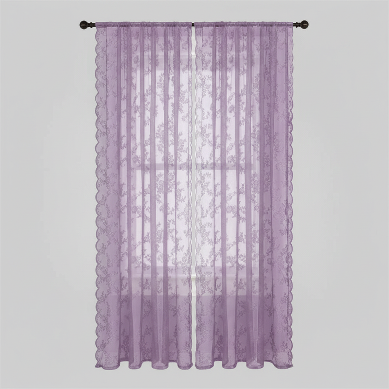 Lilac Glow floral lace sheer curtain panel hung, full lace pattern visible