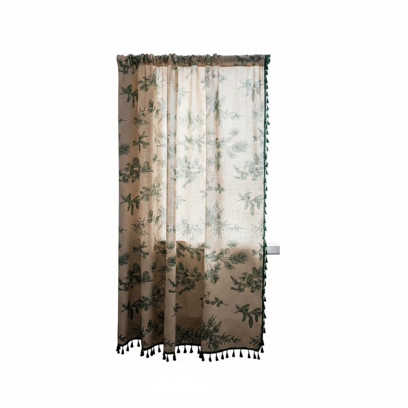 Green Pine Bird Pattern Tassel Curtain | Cotton-Linen, Semi-Blackout