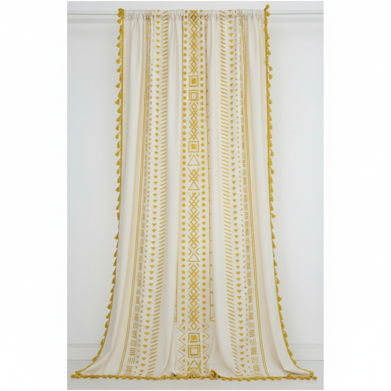 Solstice Loom Artisan Tassel Curtain | Embroidered Grid, Blackout