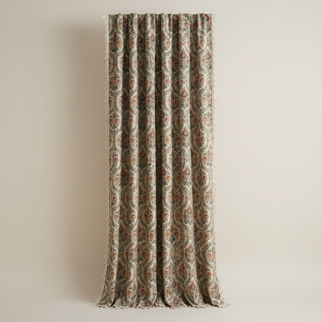 Ivory Tapestry ditsy floral tassel curtain panel