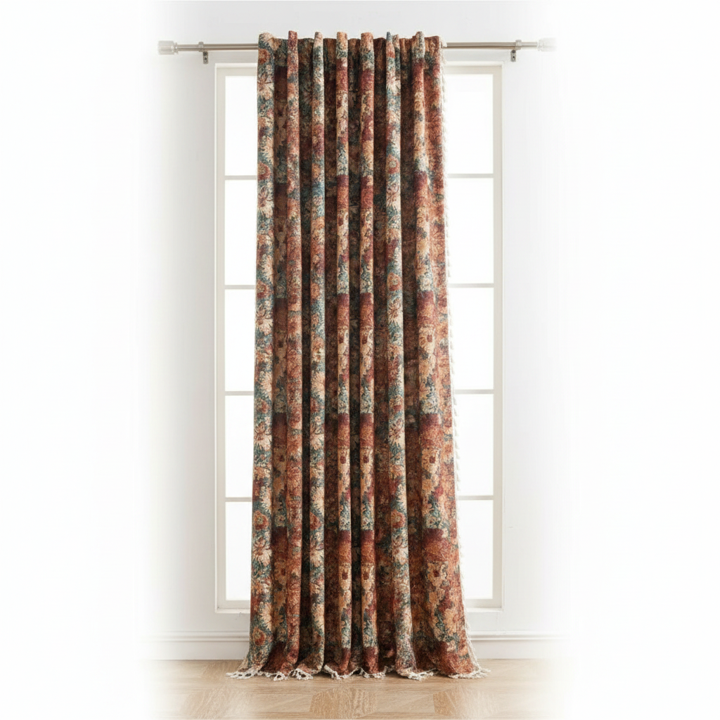 Rust Garden ditsy floral tassel curtain panel