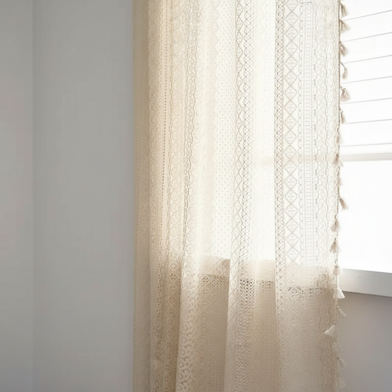 Chic Bohemian Crochet Curtain | Semi-Sheer, Tassel Trim