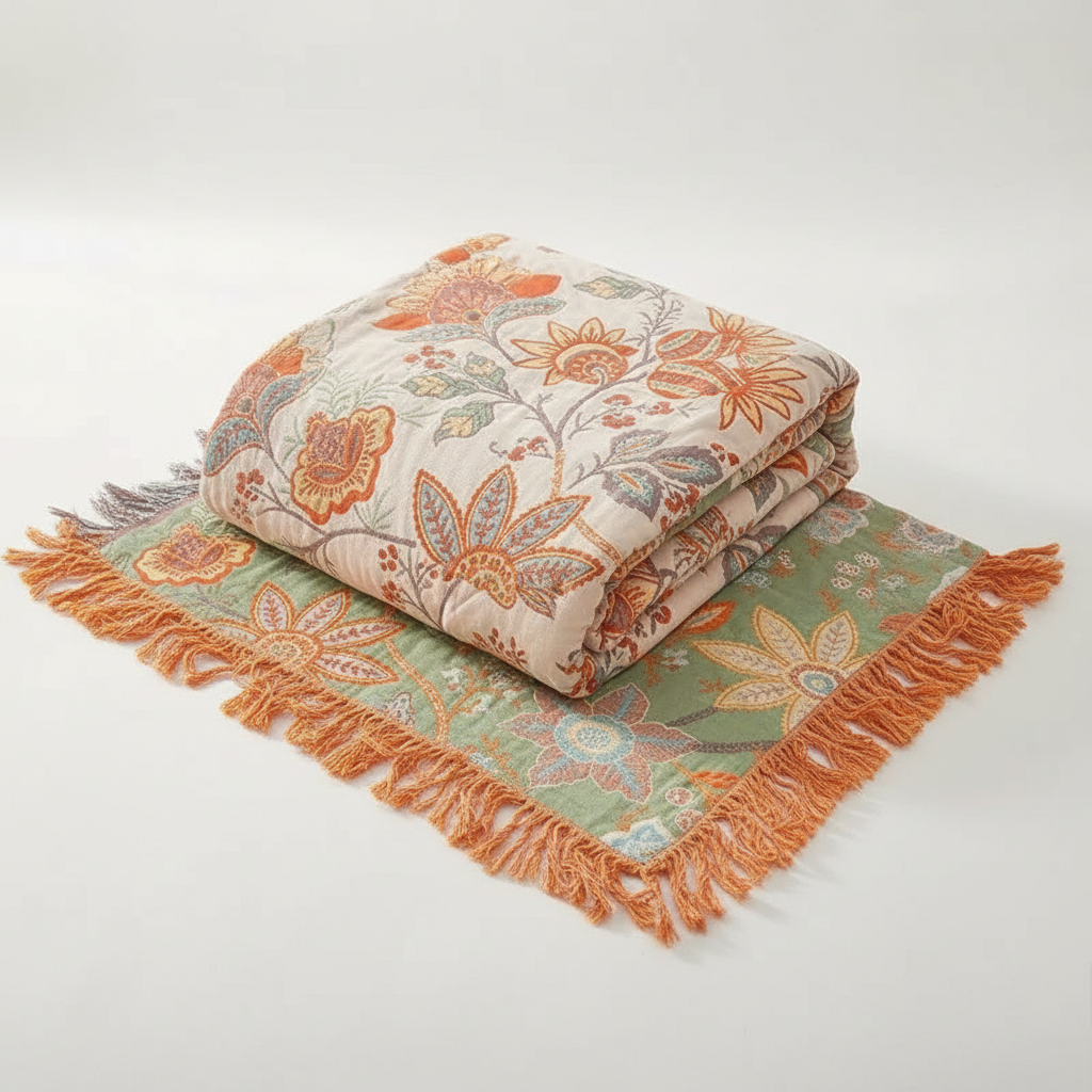 Cotton Floral Boho Throw Blanket with playful fringe - folded to show full pattern