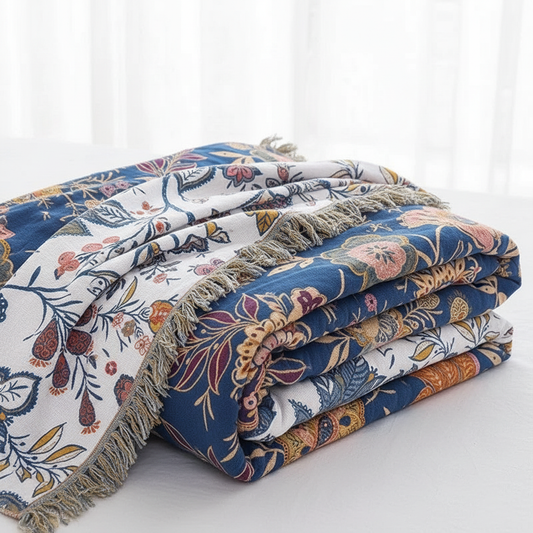 Reversible Floral Cotton Throw Blanket - folded to show both white and navy sides