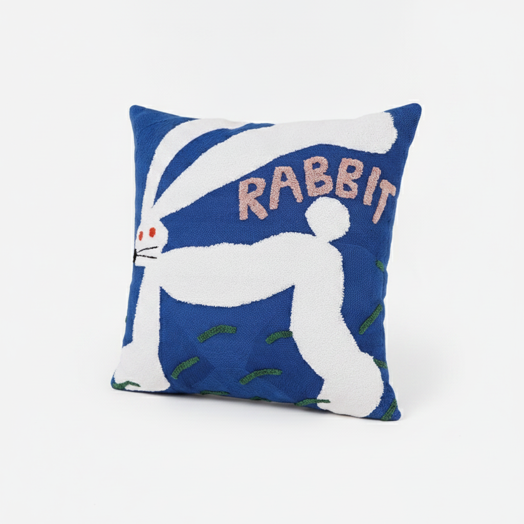 Whimsical Rabbit tufted throw pillow cover - white rabbit on blue