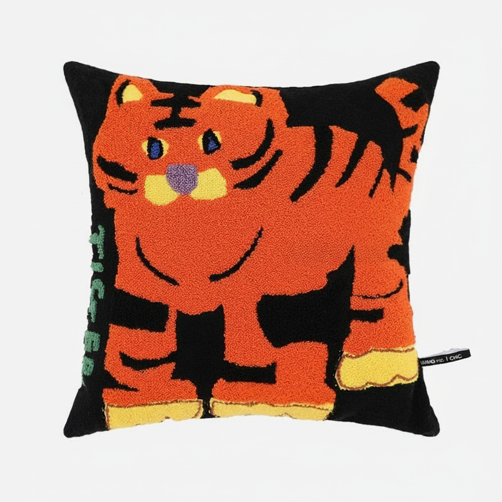 Whimsical Tiger tufted throw pillow cover - orange tiger on black