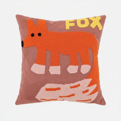 Whimsical Fox tufted throw pillow cover - orange fox on mauve