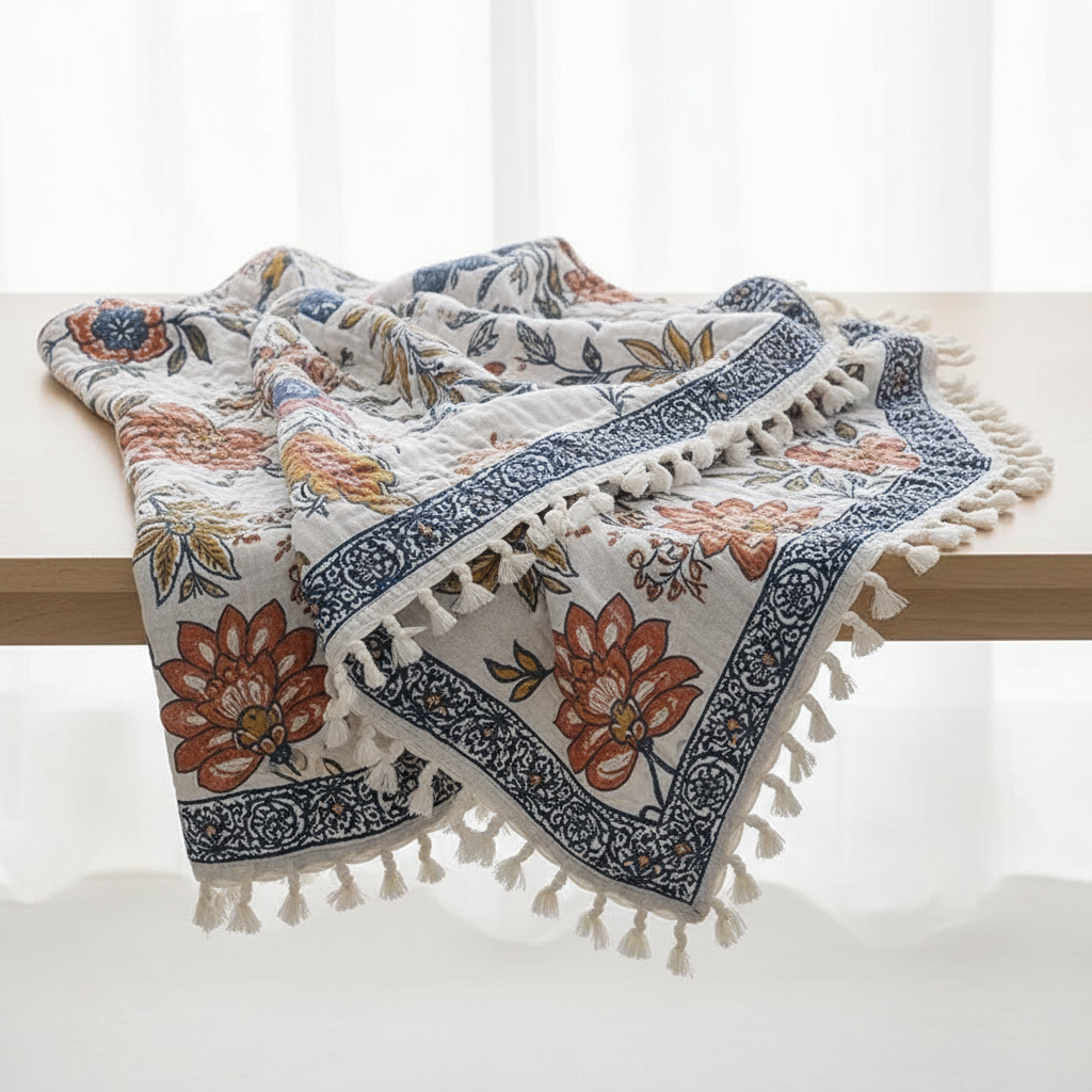 Rustic Artistic Flora Cotton Blanket draped