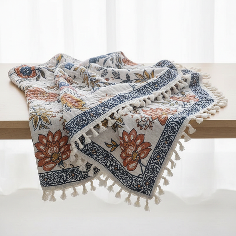 Rustic Artistic Flora Cotton Blanket | Reversible Floral, Elegant Style