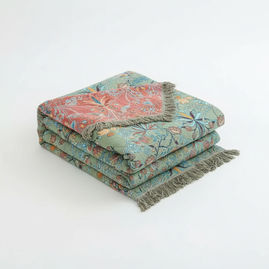 Greenery Floral Cotton Tassel Blanket