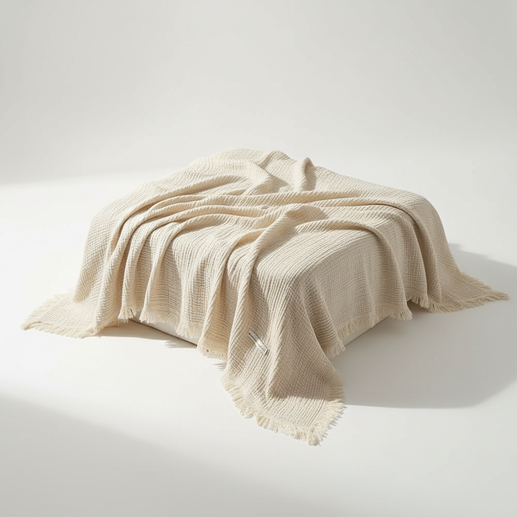 Cotton Crinkle Tassel Blanket - Cream