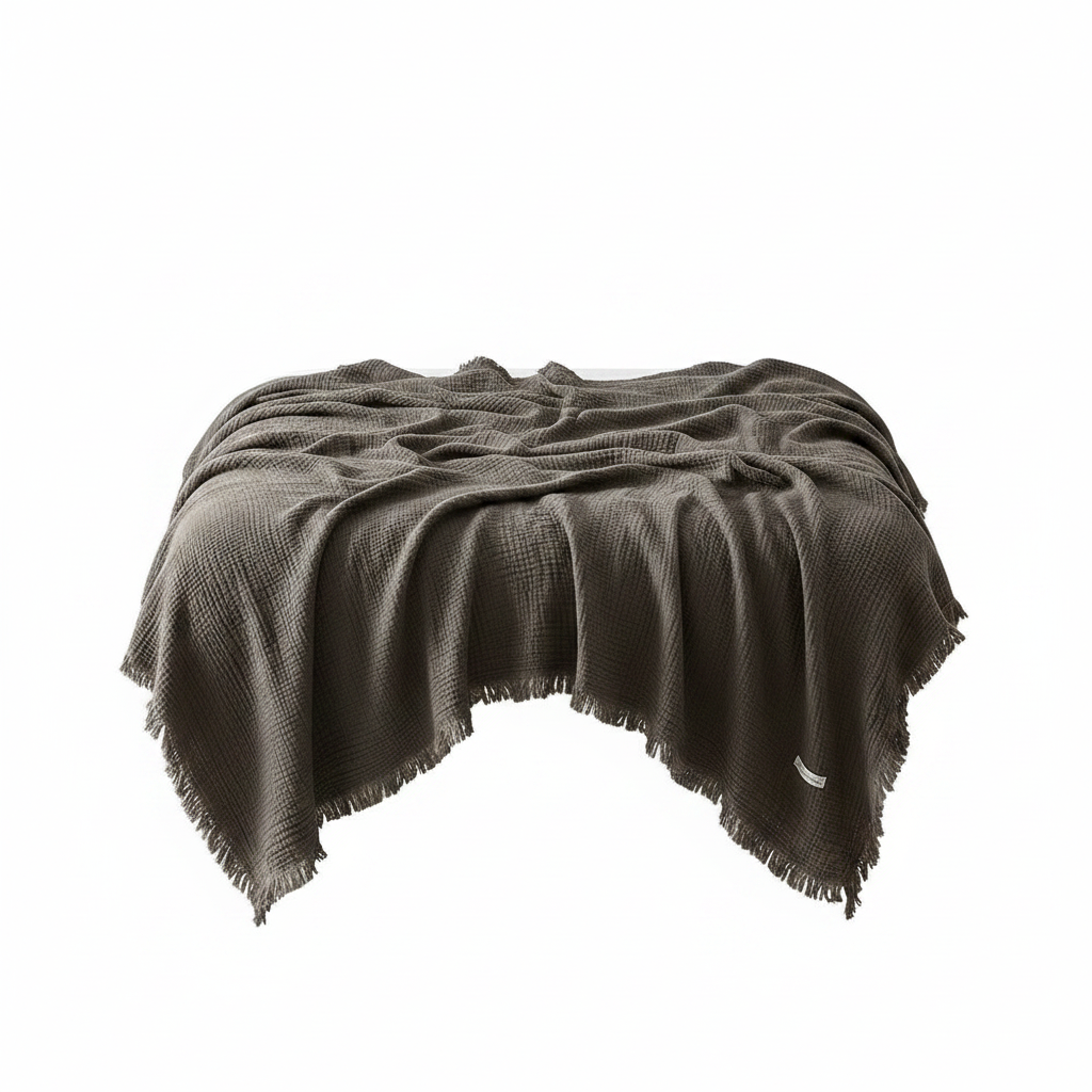 Cotton Crinkle Tassel Blanket - Black Tea