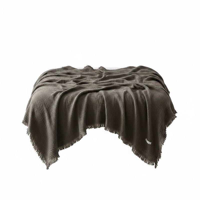 Cotton Crinkle Tassel Blanket - Black Tea