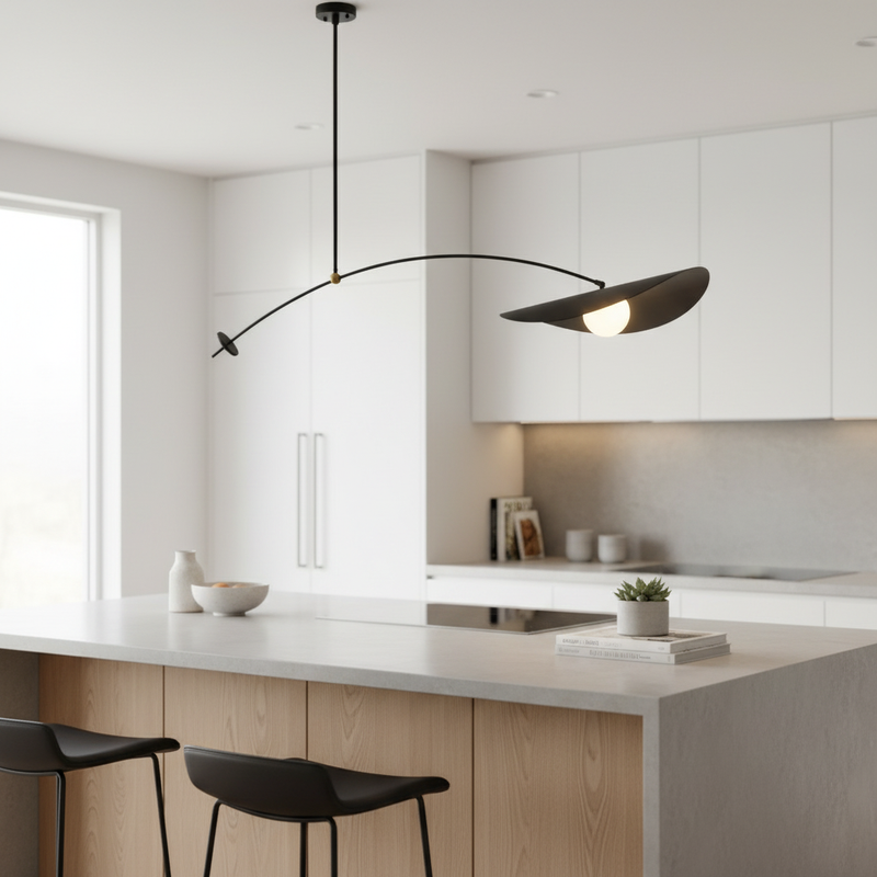 VertexLight black arc pendant installed over a modern kitchen island lifestyle photo