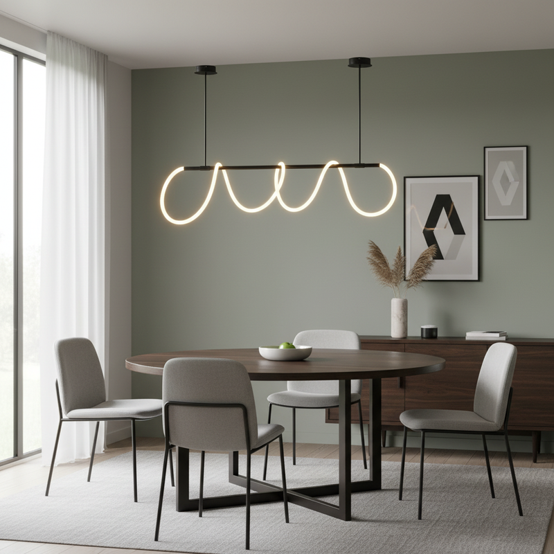 FreyaGlow black LED loop chandelier installed over a modern dining table lifestyle photo