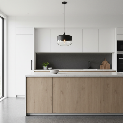 NordicGlow industrial glass pendant installed over a modern kitchen island lifestyle photo
