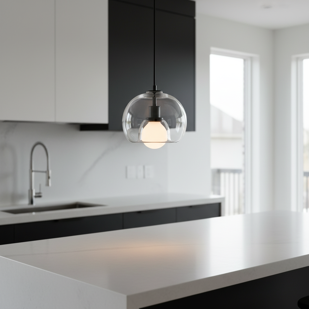 ClydeGlass handblown glass globe pendant installed over a modern kitchen counter lifestyle photo