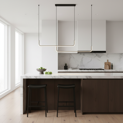 DumontLight black linear pendant installed over a modern kitchen island - lifestyle