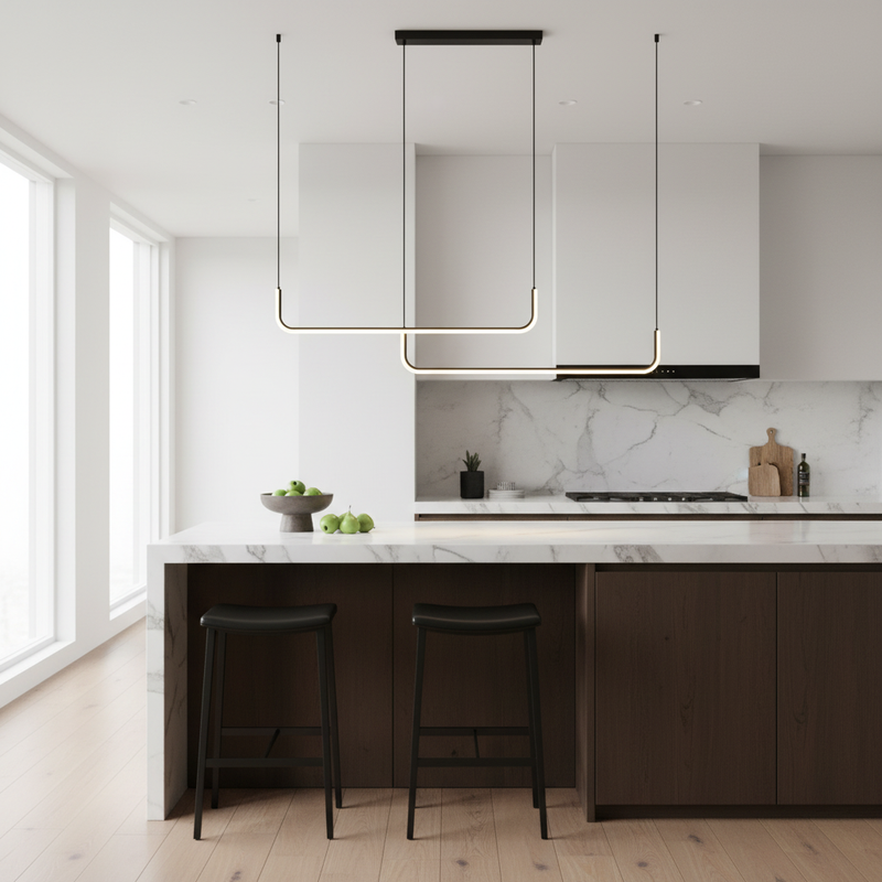 DumontLight black linear pendant installed over a modern kitchen island - lifestyle