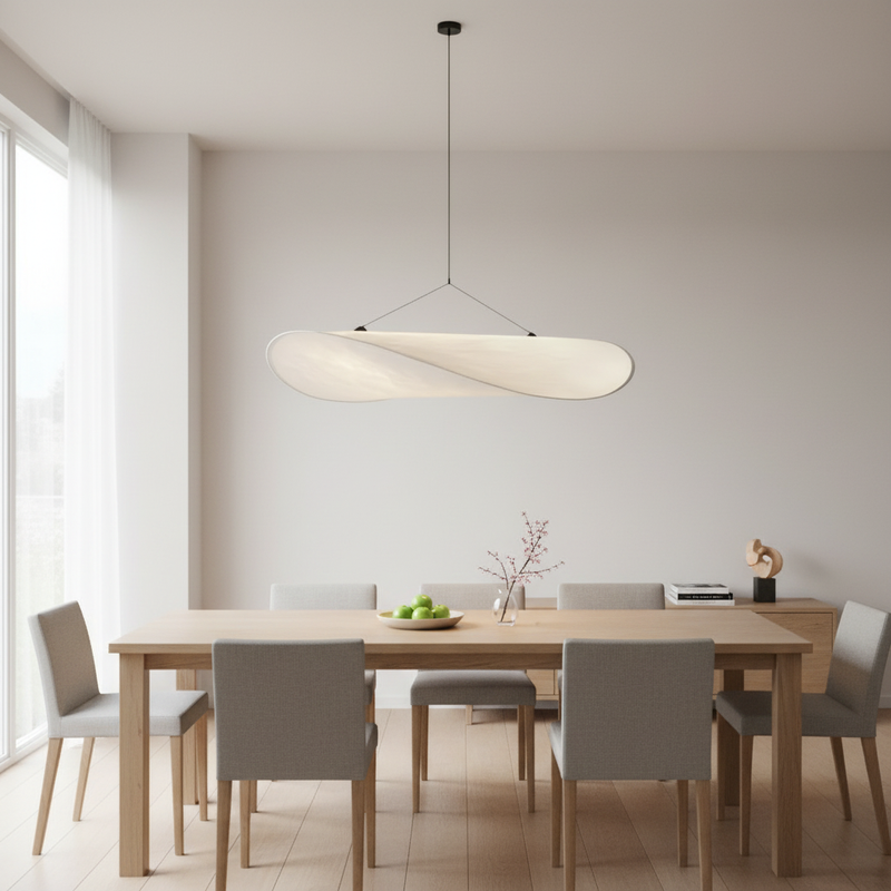 SailLight sail-shaped pendant installed over a modern dining table - lifestyle