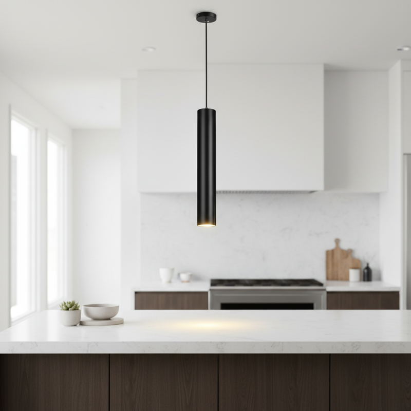 Luminara sleek black pendant - lifestyle, installed over modern kitchen island