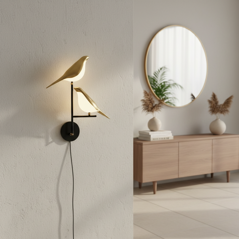 Golden Birdlight wall sconce mounted in a modern entryway