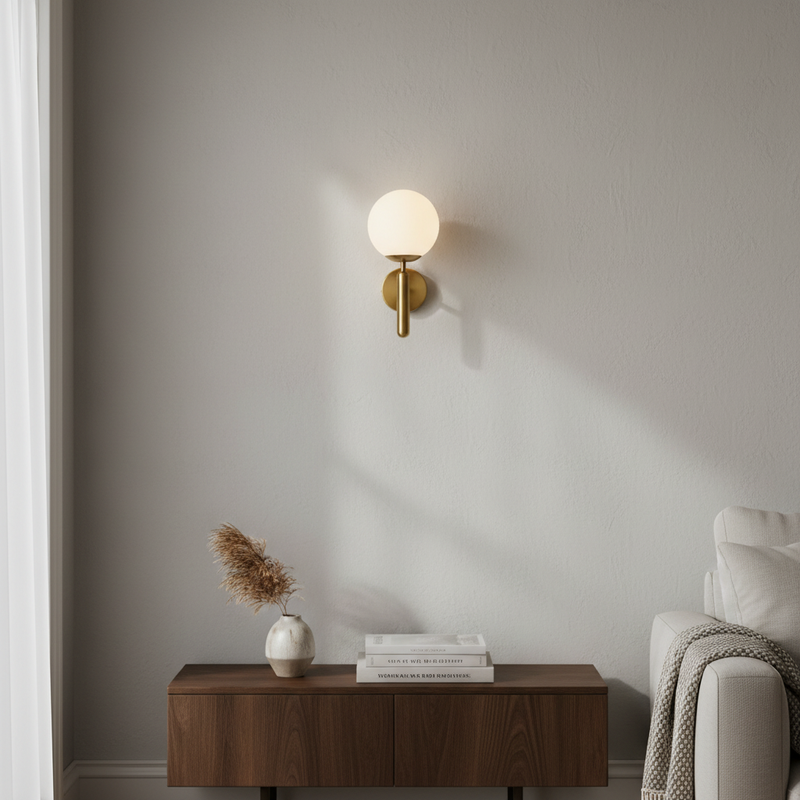 BrassElegance wall sconce - lifestyle, mounted on modern living room wall