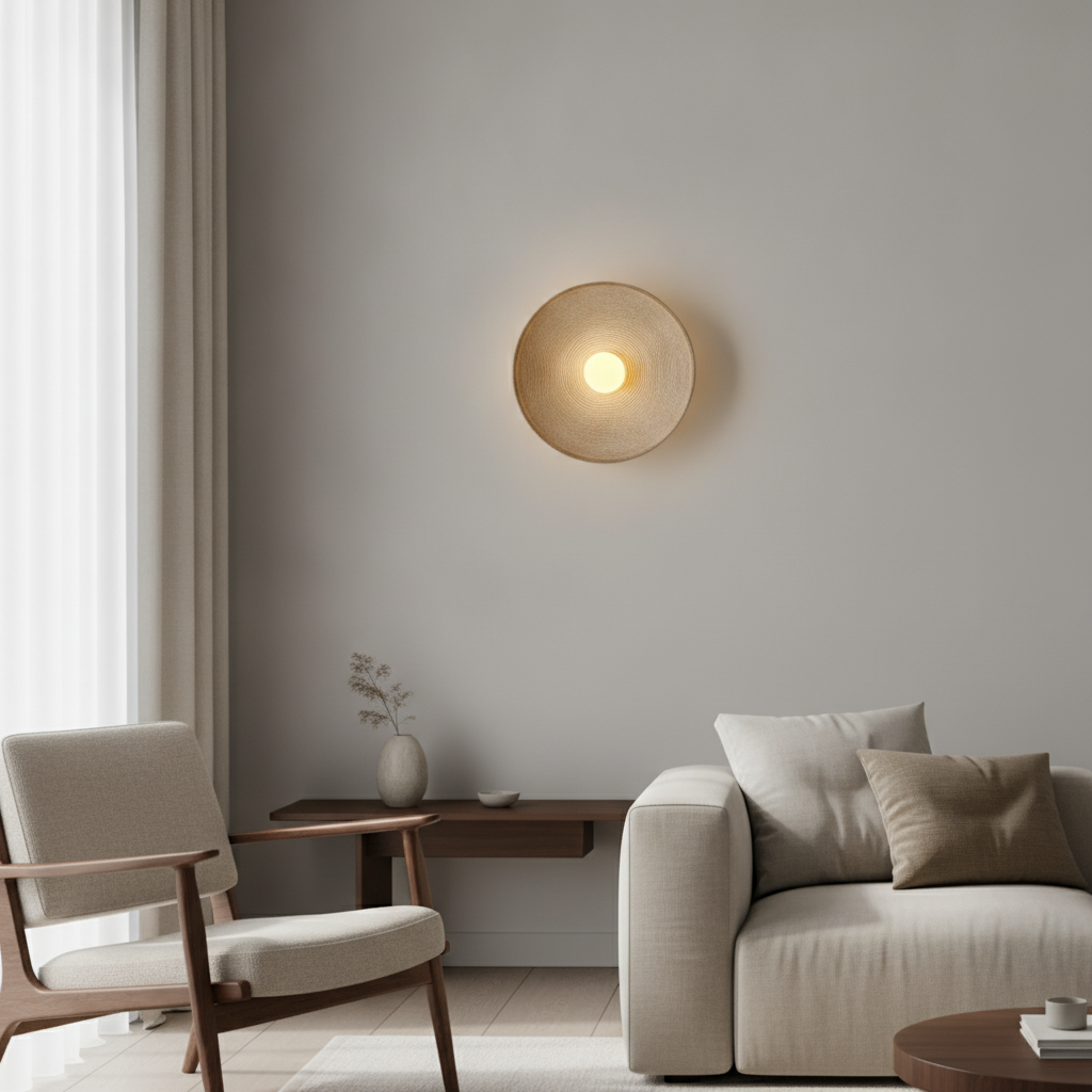 NovaSphere textured wall sconce mounted in a modern living room