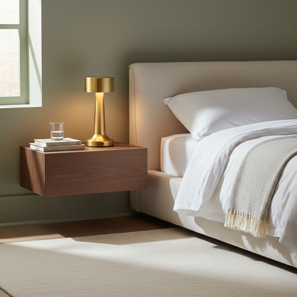Aurelia LED desk lamp on a bedroom nightstand lifestyle