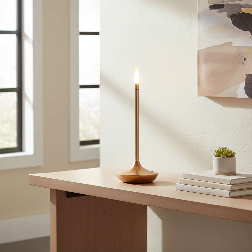 Portable aluminium candle-style table lamp on a console lifestyle