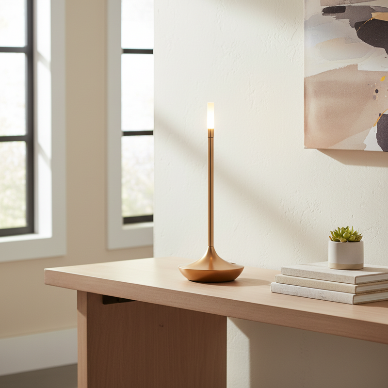 Portable aluminium candle-style table lamp on a console lifestyle