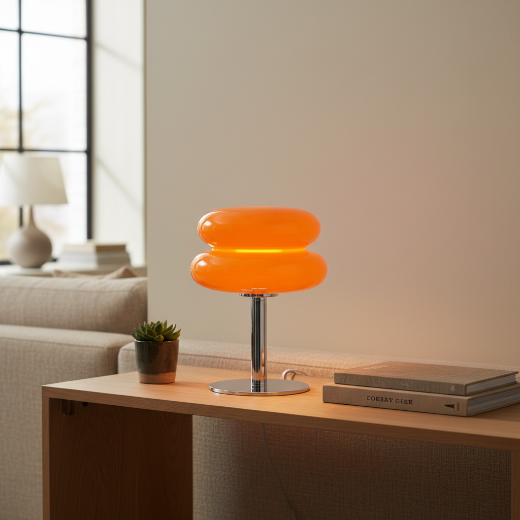 Luminara orange retro glass table lamp lit on a living-room console - lifestyle