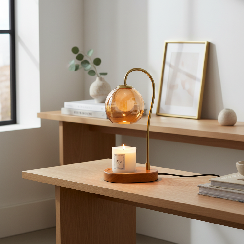 LumosGlow candle warmer lamp in a modern living room