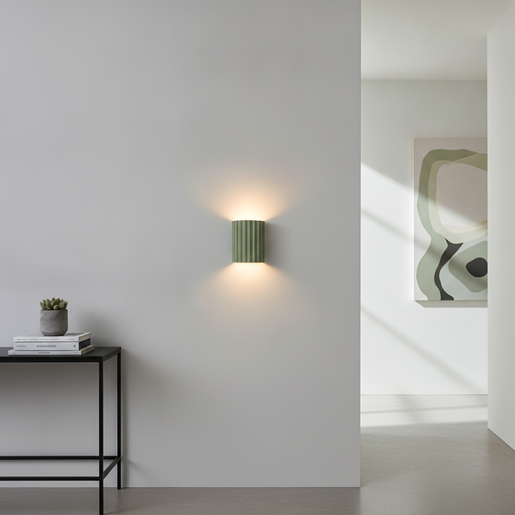 VaultGlow green fluted resin LED wall sconce mounted in a modern hallway lifestyle