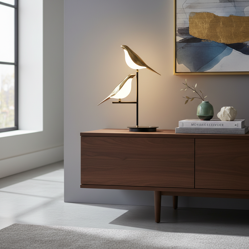 AureliaGlow gold bird table lamp on a console in a modern room