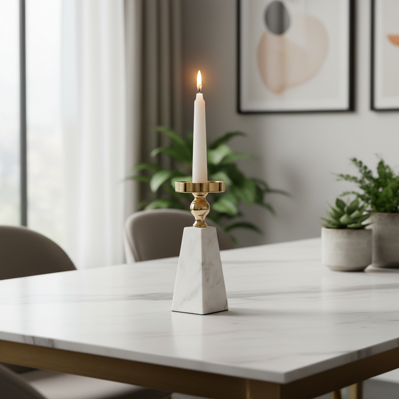 Pyramid Marble Candle Holder - lifestyle on dining table