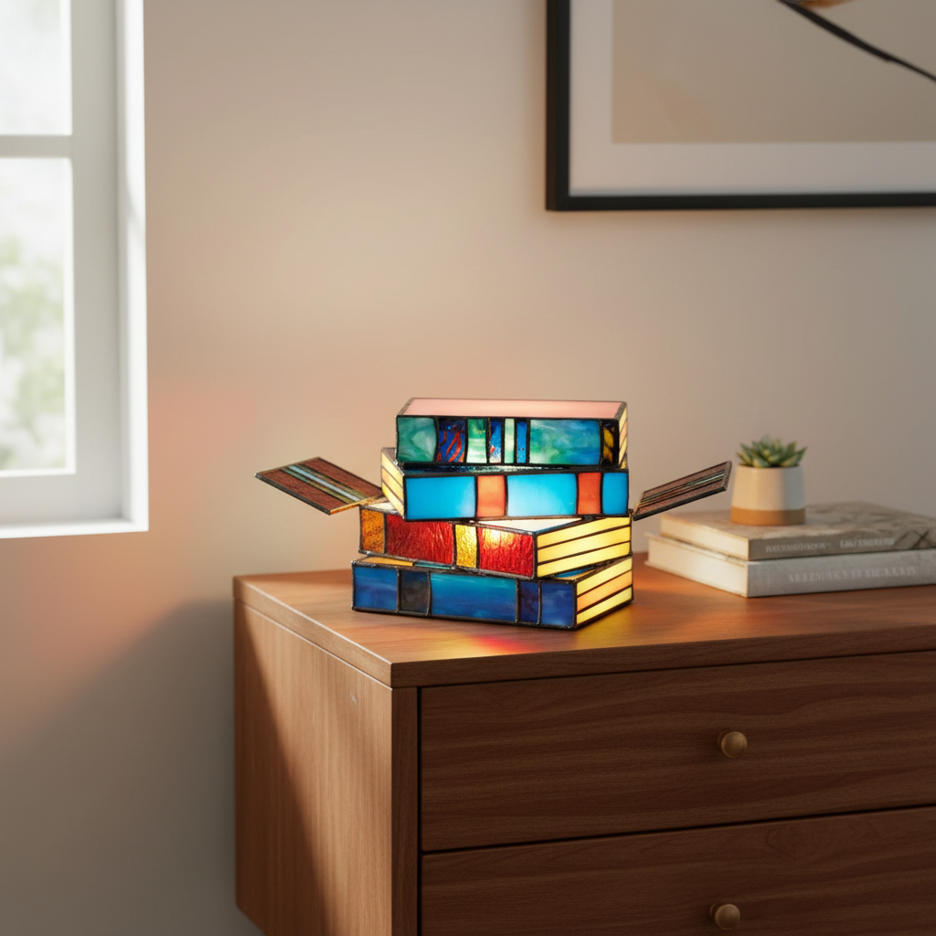 Stained Glass Book Lamp - lifestyle glowing on dresser